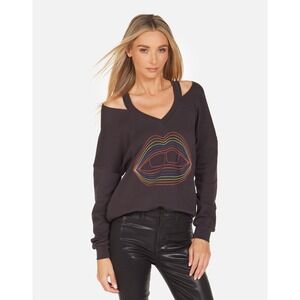 Lauren Moshi Patricia Rainbow Lips Outline‎ V Neck Cutout Sweatshirt Black XS
